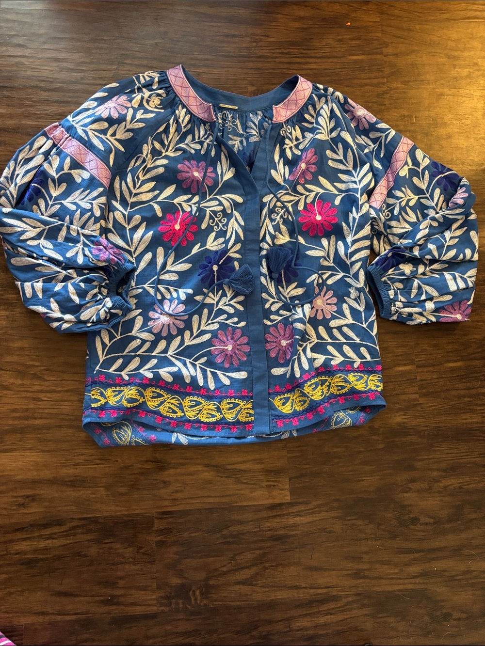 Embroidered Floral Blue Top with Pink & Yellow Accents